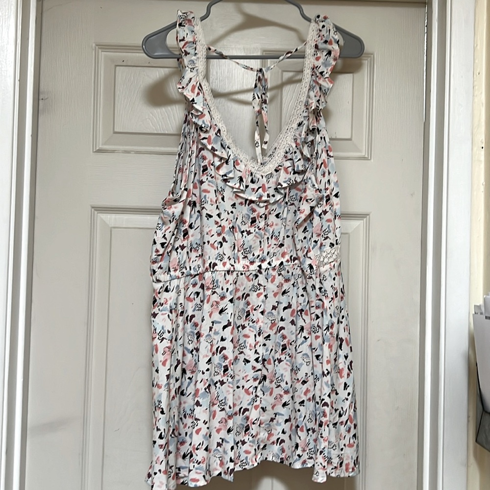 TORRID Long Tank Top Multi Color Abstract Print Ruffle Lace Details  Sz 3 EUC